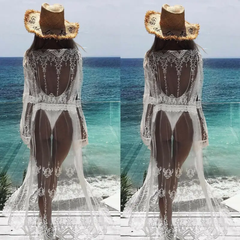 

HOT Floral Lace Trim Crochet Beach Bikini Cover Up Women Long Maxi Dress Hollow Out Loose Robe Sarong Kaftan Swimsuit Beachwear