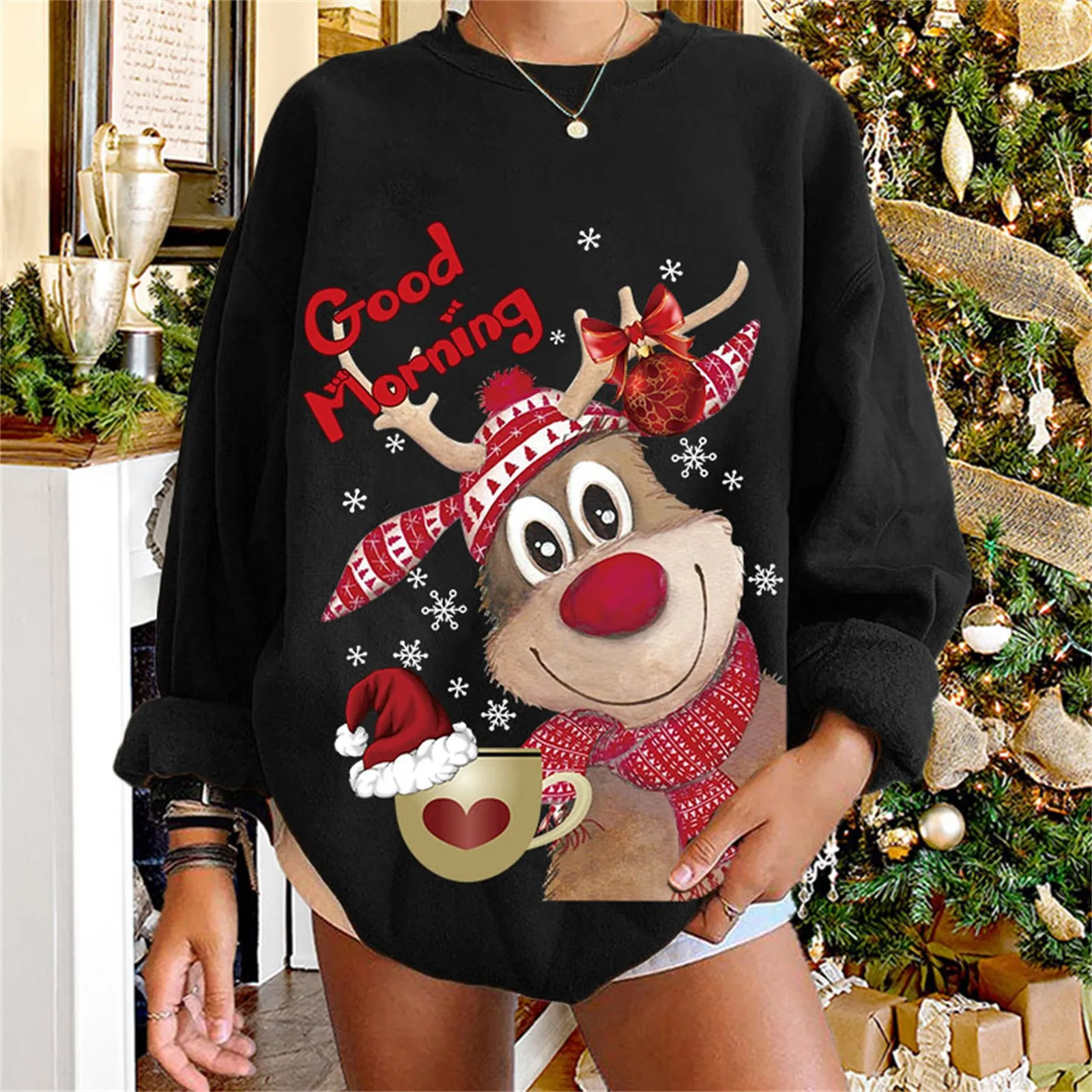 

Christmas Women Sweatshirts Christmas Reindeer Good Morning Print Funny Holiday Female Sweatshirt Cartoon Kawaii Tops Hoodie
