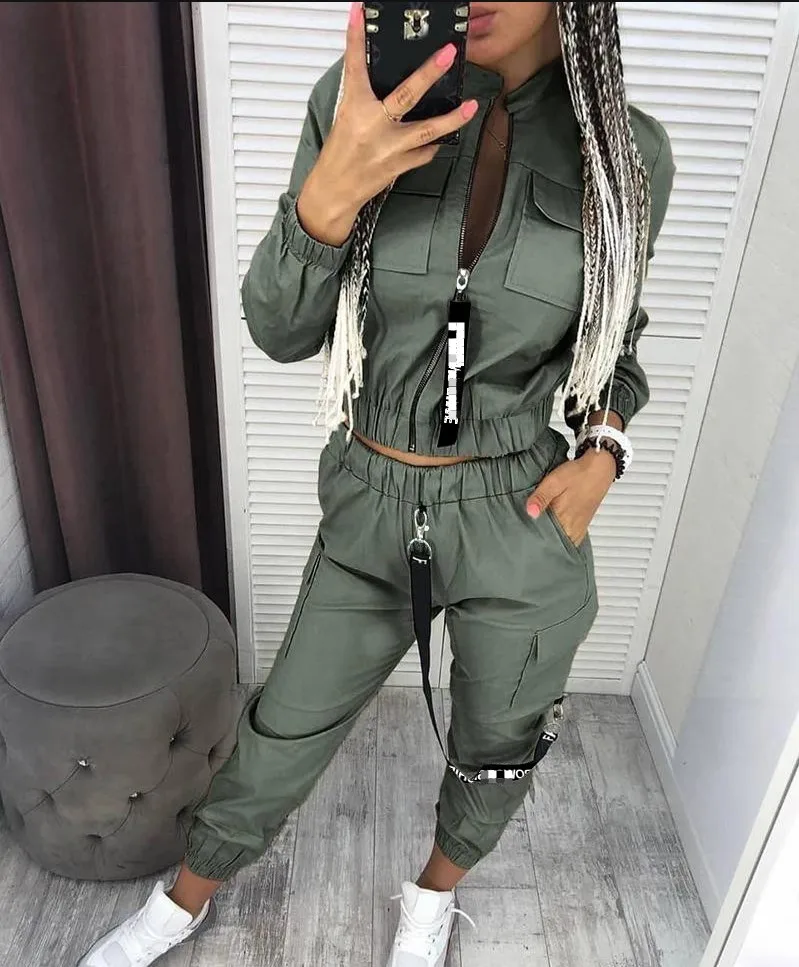 

2021 Sports and Leisure Long-sleeved Zipper Top Slim Harem Trousers Street Letters Zipper Women's 2-piece Suit Harajuku Style