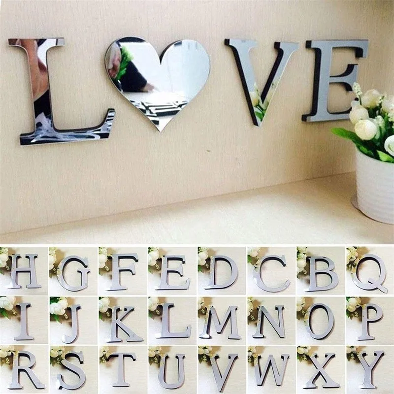 

26 English Letters Mirror Wall Stickers 3D Effect Acrylic Alphabet Words Mirrors Wall Sticker Decals DIY Home Art Decorations