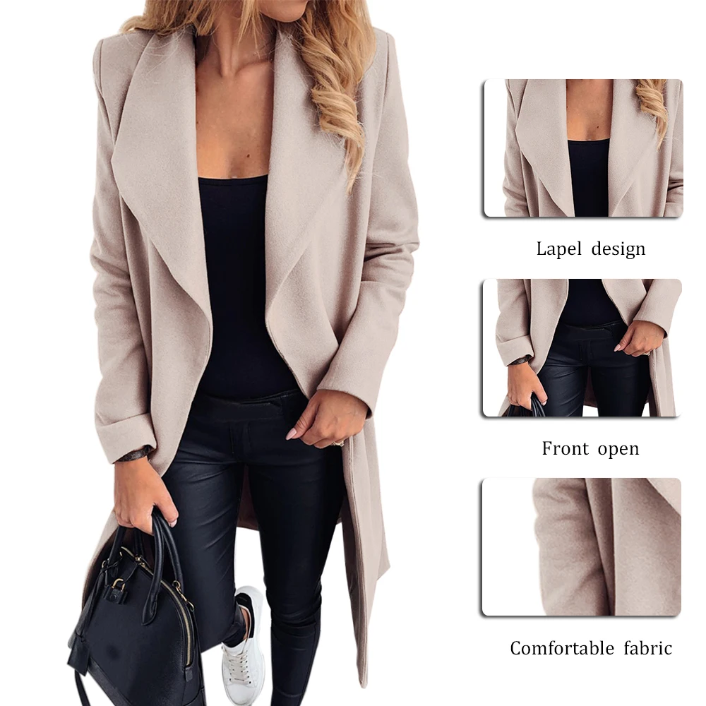 Женское осеннее теплое пальто однотонный длинный кардиган с поясом-повязкой в