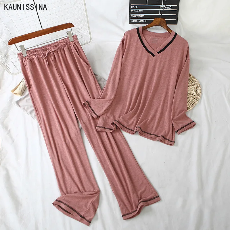 

Women Cotton Pajamas Set Casual Sleepwear Long Sleeve V-Neck Tops With Long Pant Pajama Sets Female Nightwear Lounge Clothes