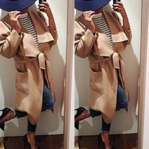

Free shipping Women Winter Vintage Fleece Jacket Knee Belted Classic Neckline Wool Trench Coat