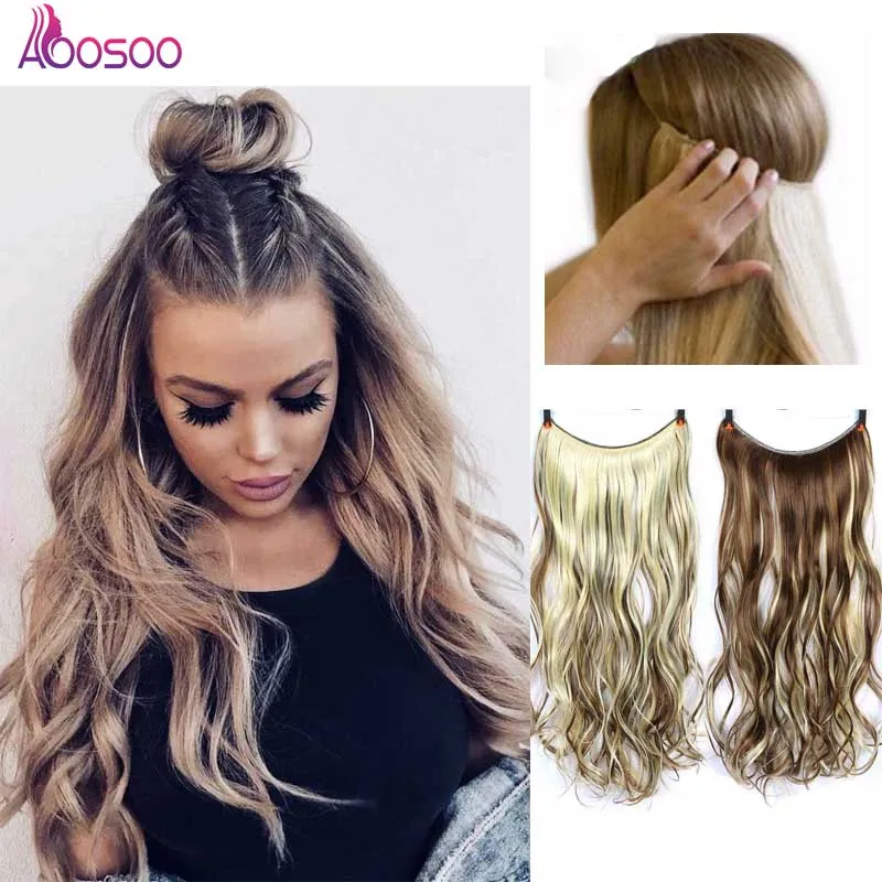 

AOOSOO 24INCH nvisible Wire No Clip One Piece Halo Hair Extensions Secret Fish Line Hairpieces Wave Straight Synthetic