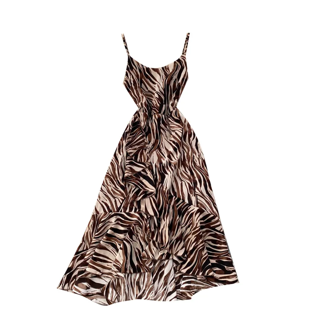 

Women Zebra Slim Sling Dress Summer Irregular Ruffle Midi Strap Dresses Fashion Vintage Party Gown Female Sexy Sundress 2021