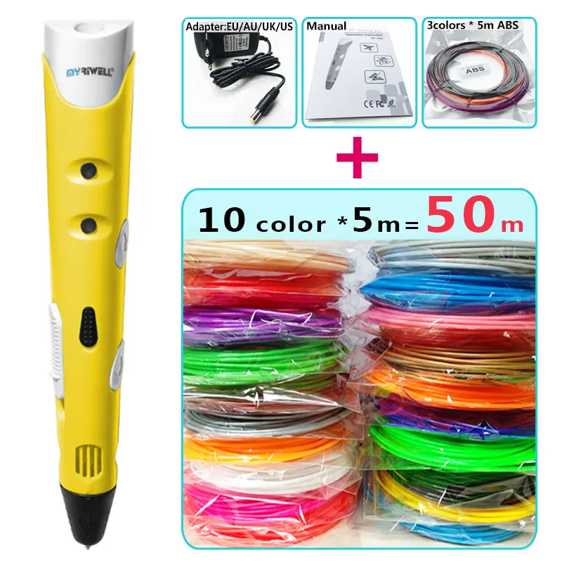 Myriwell 3d ручки+ 10*5 м ABS нити, 3 d Ручка 3d модель Смарт 3d печать Ручка лучший подарок для Kidspen-3d 3d-ручка - Цвет: Yellow pen