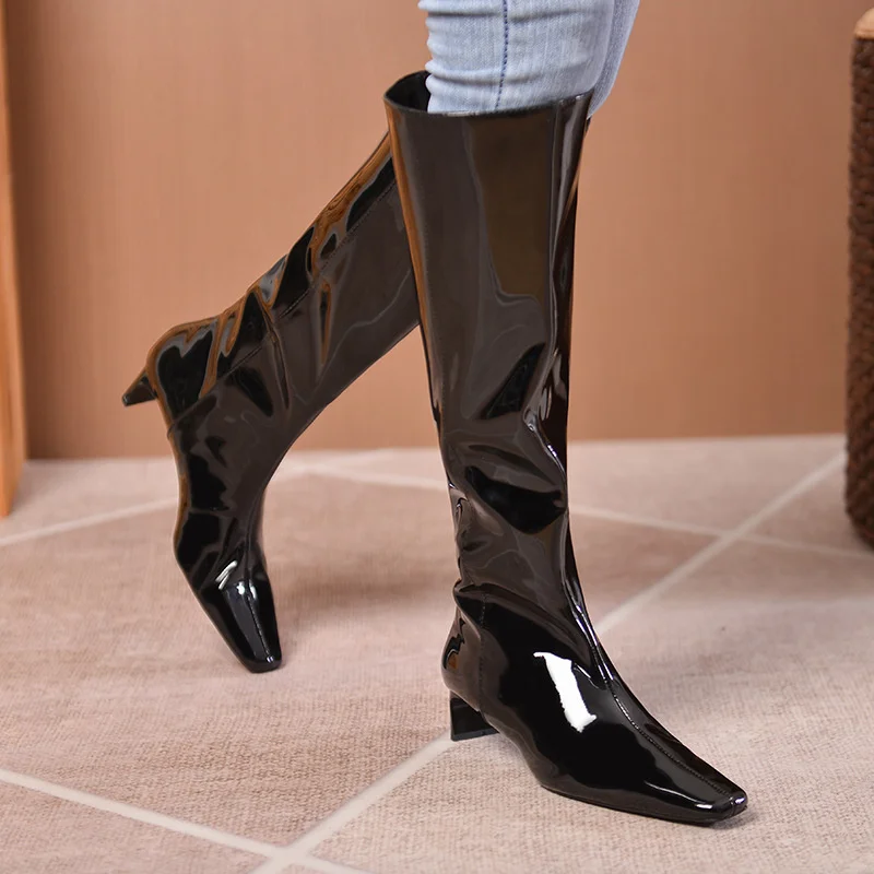 

Office Lady Knee-length Boots Women Square Toe High-heel Martin Boot Black Back Zipper Chelsea Patent Leather Ladies High Botas