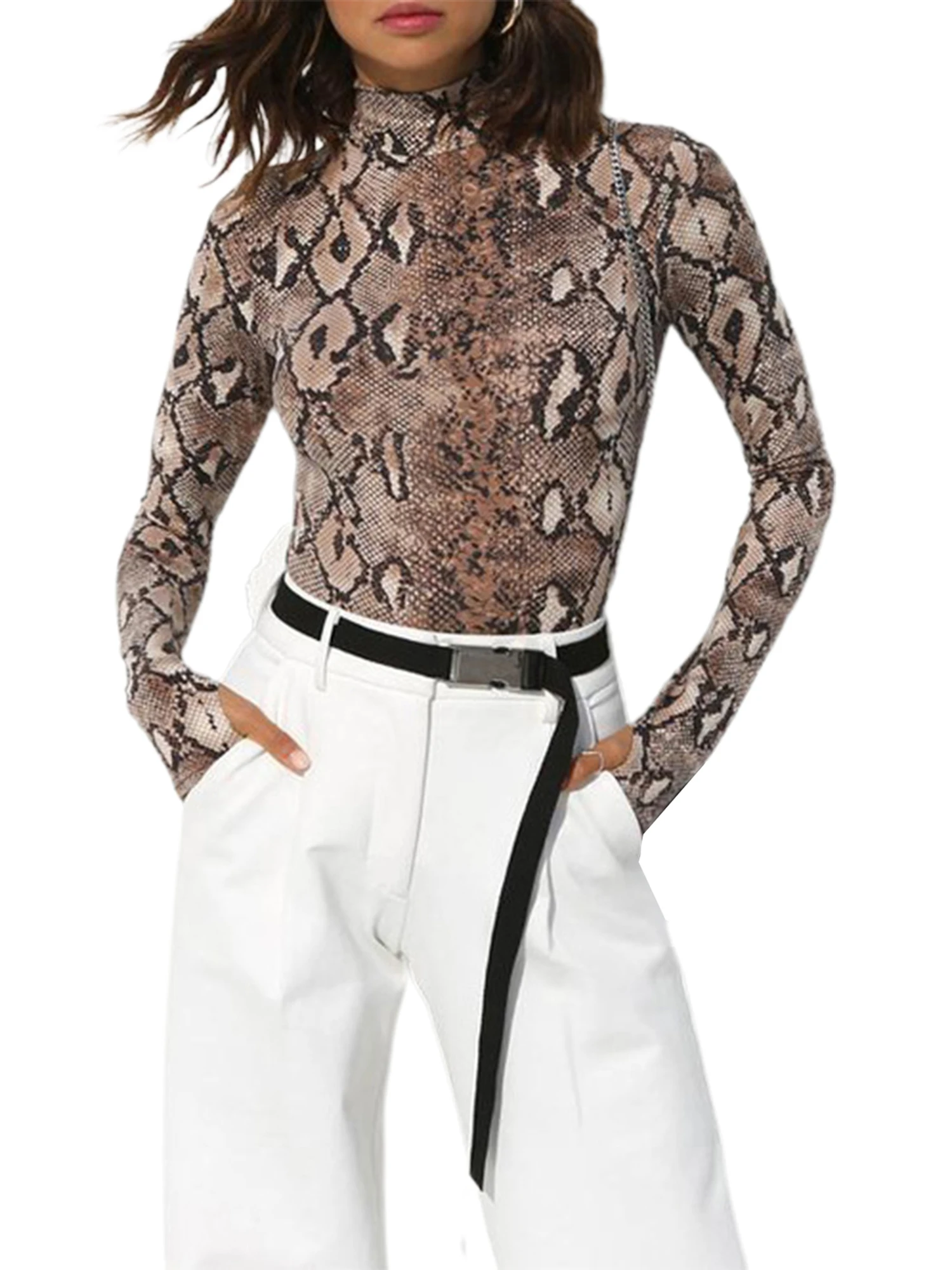 Женский комбинезон с длинным рукавом и высоким воротником из змеиной кожи |