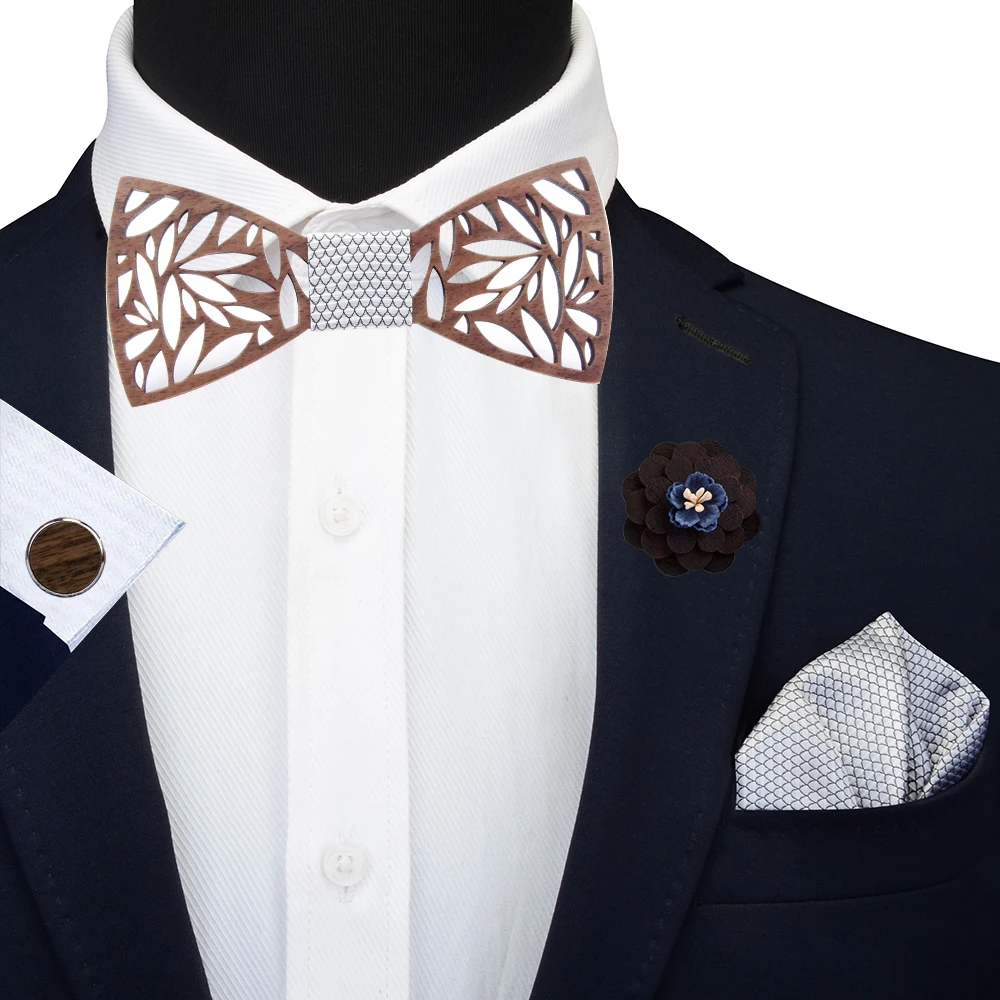 Регулируемый мужской Пейсли полый резной деревянный бабочка Карманный платок