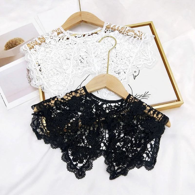 

Women Girls Korean Floral Lace Fake Collar Shawl Hollow Out Black White Scarf Necklace Imitation Pearl Button Mini Cape Half Shi