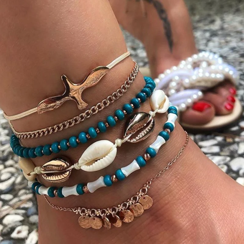 

6pcs/set Bohemian Shell Cross Anklets For Women Ankle Accessories Ethnic Jewelry Summer Blue Beads Beach Bracelet Ankle On Leg
