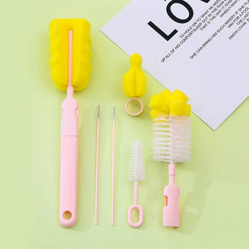 

6Pcs Baby Bottle Brush Set Baby Nipple 360-degree Rotating Clean Sponge Spout Cup Brush Kit Bottle Clean Tool