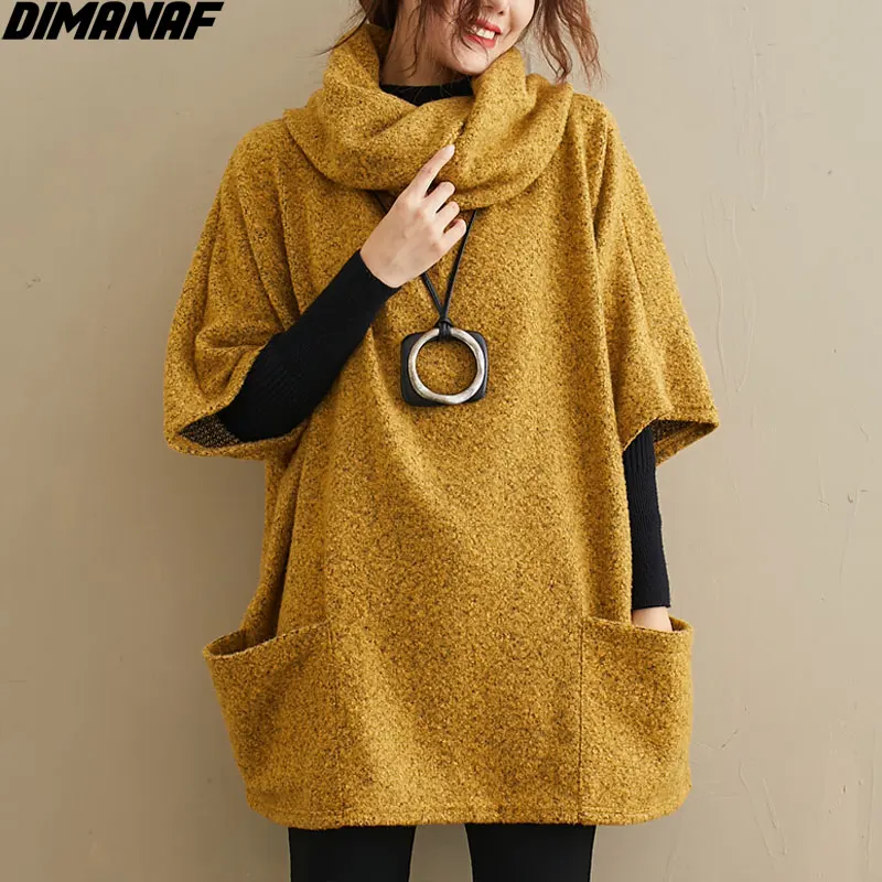 

DIMANAF Plus Size Women Sweatshirts Tops Scarf Pullover Turtleneck Knitted Winter Casual Loose Oversize Batwing Sleeve 8 Colors