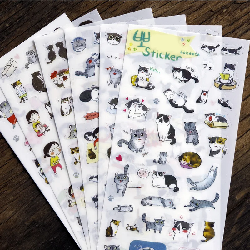 6pcs/Set Cartoon Animals Cats Sticker Toys for Children PVC Cute Stickers DIY Diary Notebook Scrapbooking Decoration | Игрушки и хобби