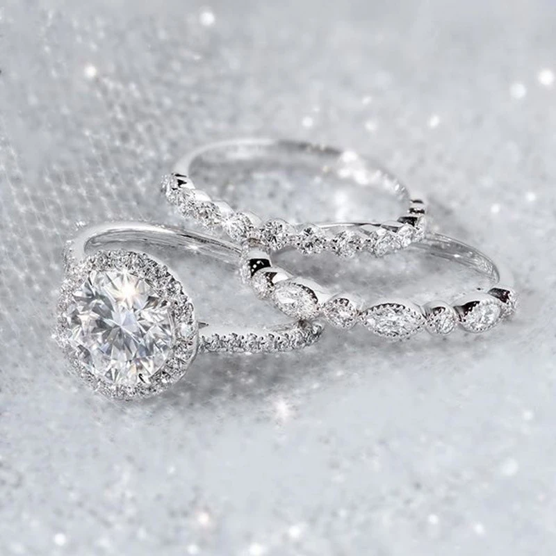 YOBEST 3 Pieces Ring / Inlay Silver Plated White Crystal Zircon Wedding Engagement Ring Size 6-9