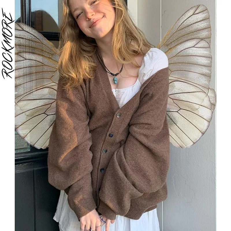 

Rockmore Brown Loose Sweater Cardigans Autumn Fairy Grunge Knitwear Women Aesthetic Vintage Knit Long Sleeve Button Outwear