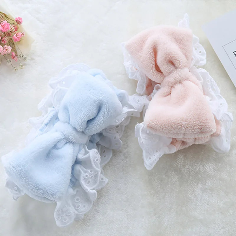 

Q Lace Coral Fleece Makeup Headband Turban Girls Sweet Solid Color Bow Hair Bands Women Wash Face Hair Hoop Women Headdress