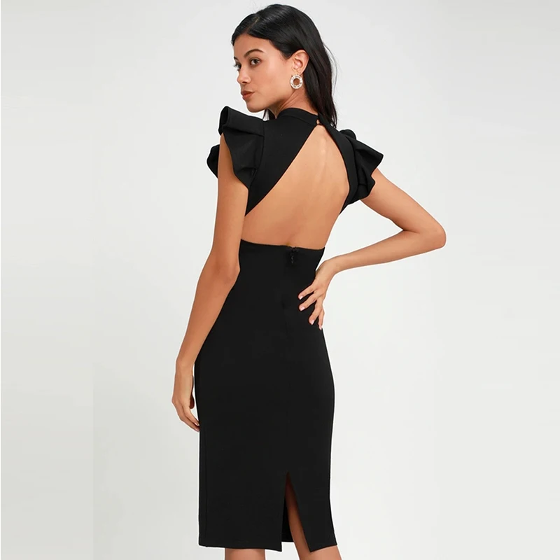 

2021 New Summer Women Black Bodycon Backless Dress Sexy Ruffles Butterfly Sleeve Club Celebrity Evening Runway Party Dress