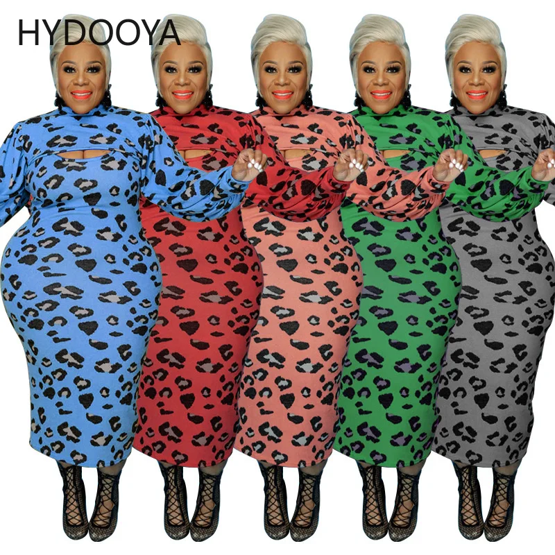 Plus Size Hollow 2 Piece Set Women Clothing Leopard Print Long Sleeve Crop Top+Camisole Bodycon Dresses Dropshipping Wholesale