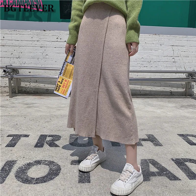 BGTEEVER винтажная Женская юбка с разрезом по бокам осенне зимняя трикотажная