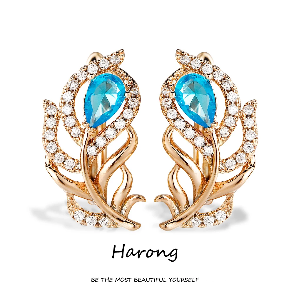 

Серьги Harong из натурального циркония, серьги-гвоздики в форме цветка, Листьев, золота, металла, синего камня, серьги для женщин и девушек, бижу...