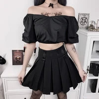 black dark goth women pleated t shirts cross slash neck puff sleeve summer tshirt gothic punk hipster top 2022 lady cool sexy