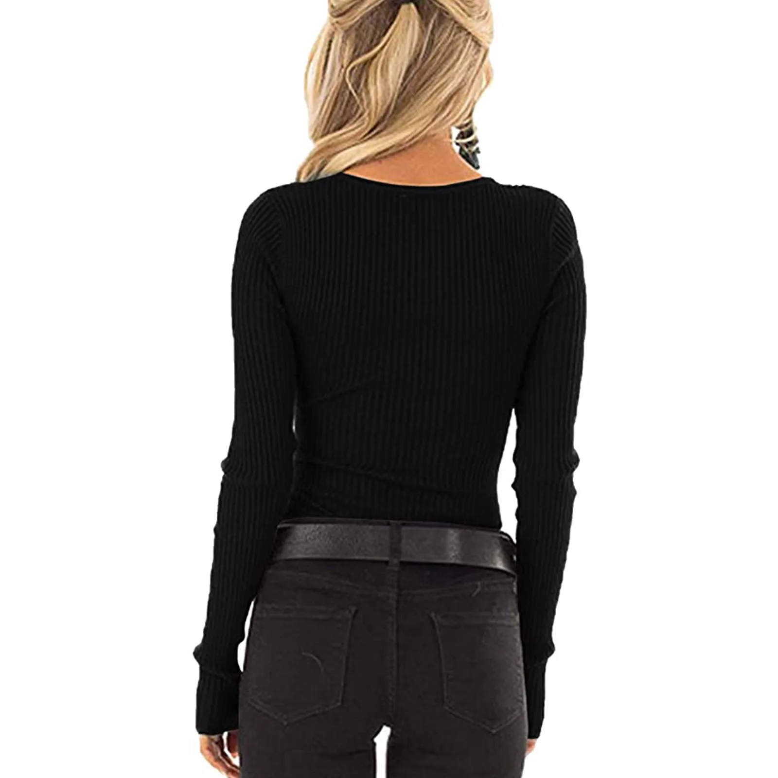 Women Spring T-Shirt, Solid Color Ribbed Henley Neck Long Sleeve Slim-fitting Pullover For Girls, 7 Colors 2021 New Fashion