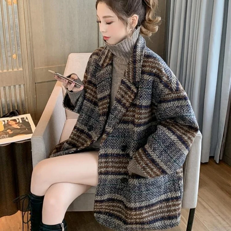 

Женское шерстяное пальто в клетку, длинное теплое шерстяное пальто в Корейском стиле, Y813, Осень-зима 2021