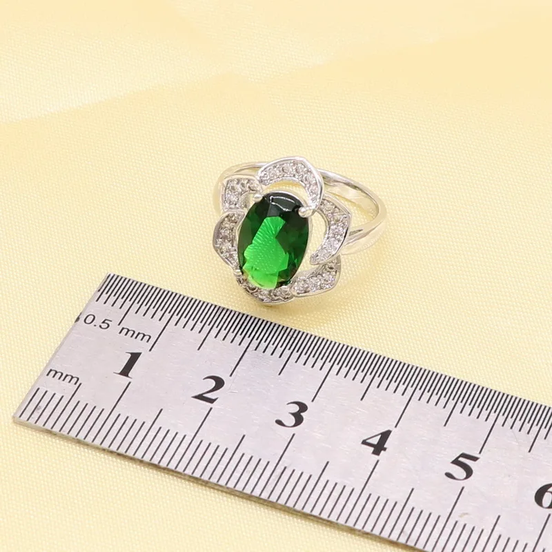 Женский комплект свадебных украшений серебряное зеленое ожерелье серьги кольца