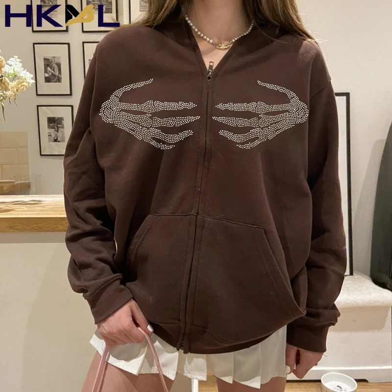 

Rhinestones Women Hoodie Zippers Casual Fashion Hooded Sweatshirts Gothic Punk Streetwear Female Autumn Winter Outwear