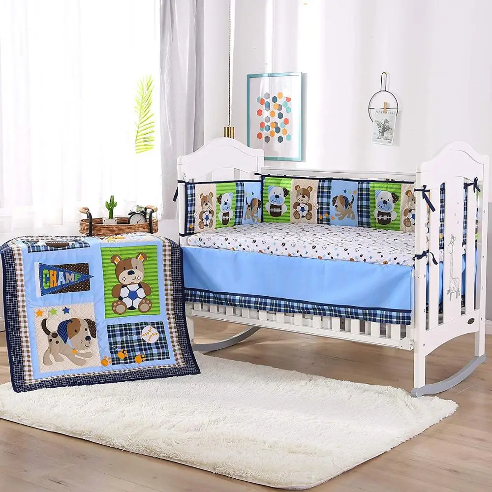 

7PCS embroidered baby bedding set whale Cot Crib Bedding Set kit berco Infant baby nursery (4bumper+duvet+bed cover+bed skirt)