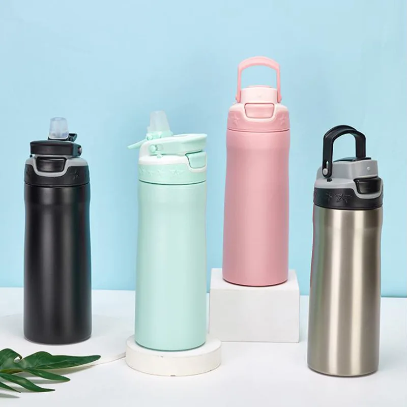 Botella de agua para deportes al aire libre, taza de aislamiento de paja port&aacute;til de acero inoxidable al vac&iacute;o, nueva-0