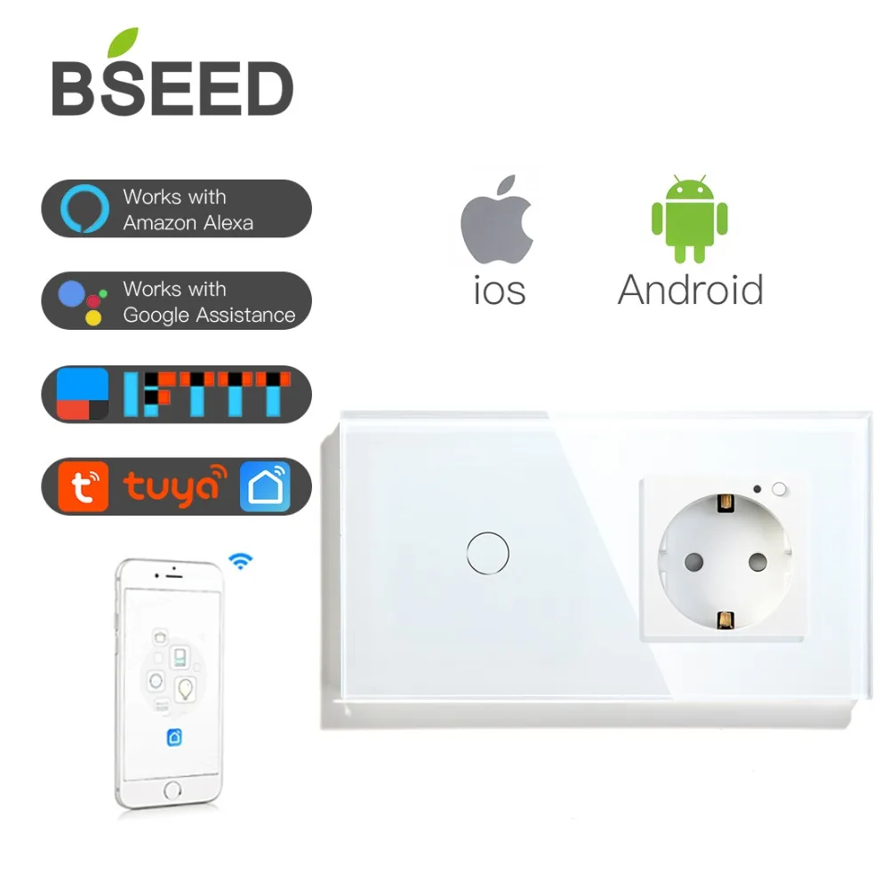 BSEED 16A Wi-Fi сенсорный выключатель 1 комплект ЕС Стандартный ЕС розетка с 3 цвета Кристалл Стекло Панель Умный переключатель