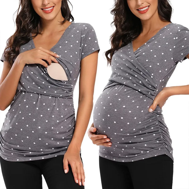 

Womens Maternity Clothes Breastfeeding Clothing Short Sleeve Pregnant Clothes Pleated Side Open Pregnancy T-Shirt Top