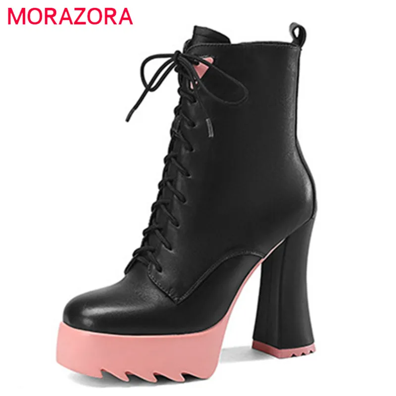 

MORAZORA 2022 New Arrive Genuine Leather Shoes Women Boots Square Toe Cross Tied Zip High Heels Platform Shoes Women Ankle Boots