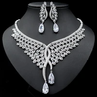 hibride luxury big 2pcs water drop necklace pendant sets white color cz jewelry set for women bridal wedding accessories n 1243
