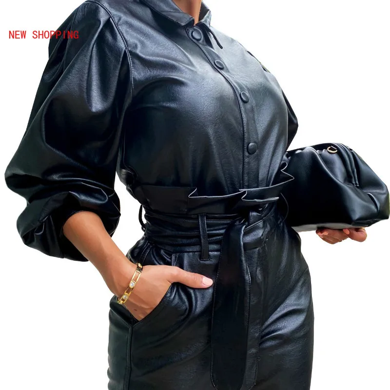 

New Arrival Casual 2 Pcs PU Long Sleeve Suit Women Set Fashion Black O-neck Puff Sleeve Tops Long Pants Autumn Sexy Club Outfits