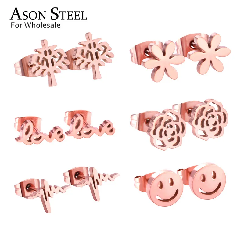 ASONSTEEL Small Earrings Trendy Jewelry Rose Gold Color Flower Tree Smile Letter 6pairs/Box Stainless Steel Earrings Sets Party