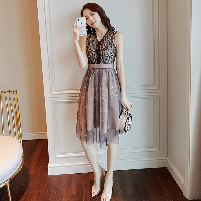 

Офисное женское летнее платье в стиле ретро, кружевное платье с v-образным вырезом и высокой талией, повседневное длинное платье, Элегантные...