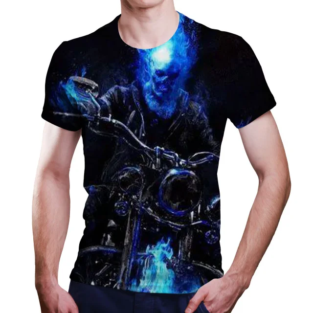 

2021 summer trend new ghost rider printed motorcycle punk digital 3d compassionate boy's short-sleeved girl's short-sleeved