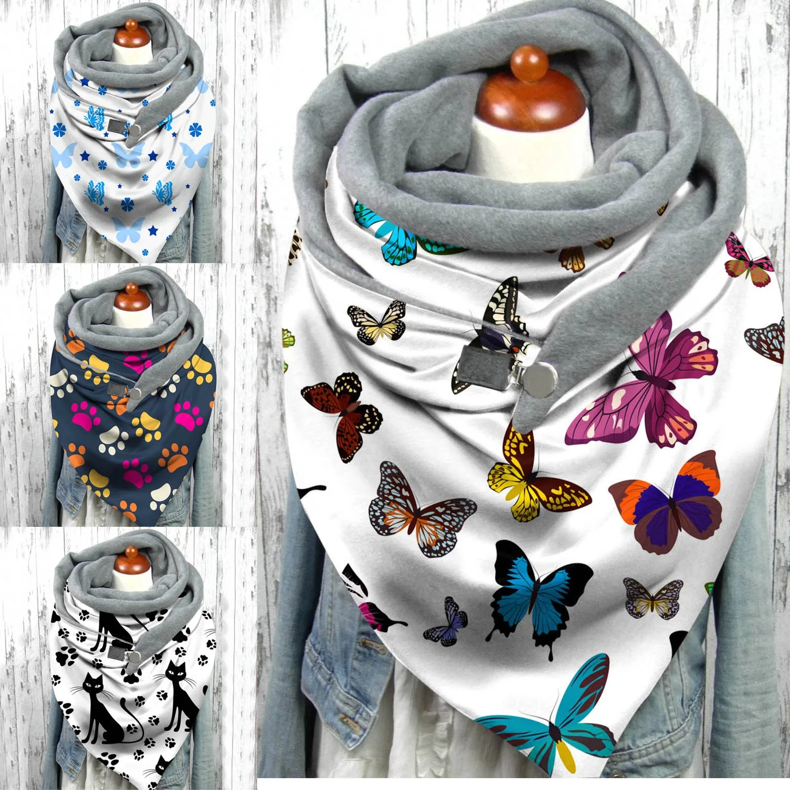 

Women Butterfly Print Scarf Hijabs Lady Fashion Retro Female Multi-purpose Shawl Button Scarf Wraps Foulard Femme #L5