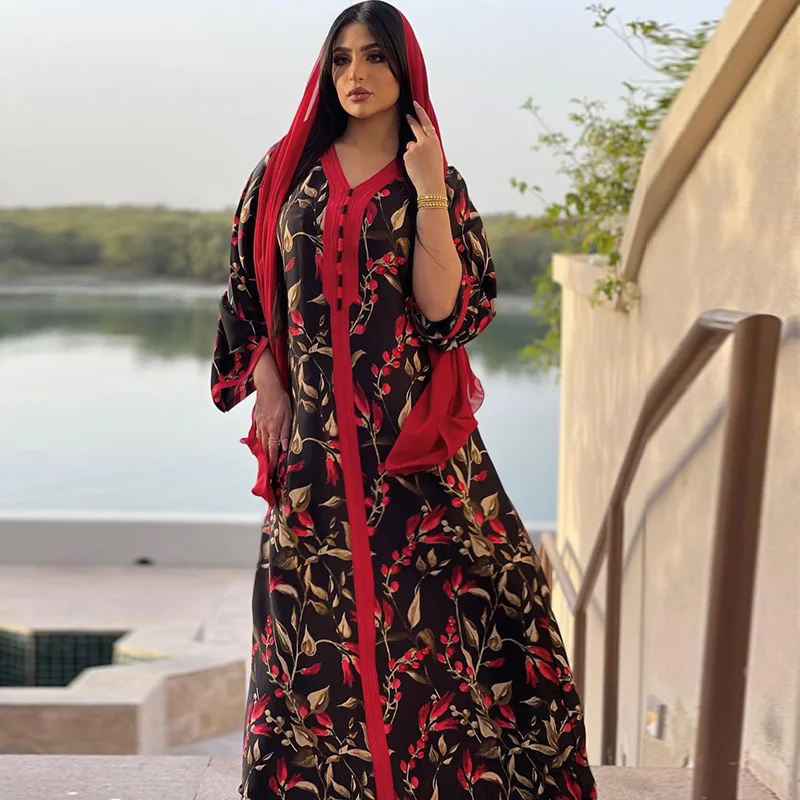 

Women Dubai Jalabiya Hijab Dress Maxi Loose Floral Print Braid Trim Muslim Arab Ethnic Islam Abaya Gown Caftan Marocco Eid Party
