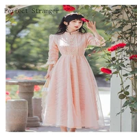 women dress vintage autumn new arrival for 2021 long sleeve stand collar lace gauze female clothes long dress