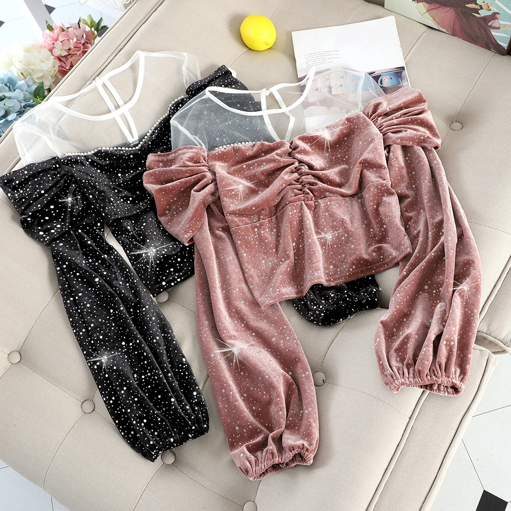 High waist slim short pleated snowflake wave point blouse light temperament mesh stitching lantern sleeve | Женская одежда