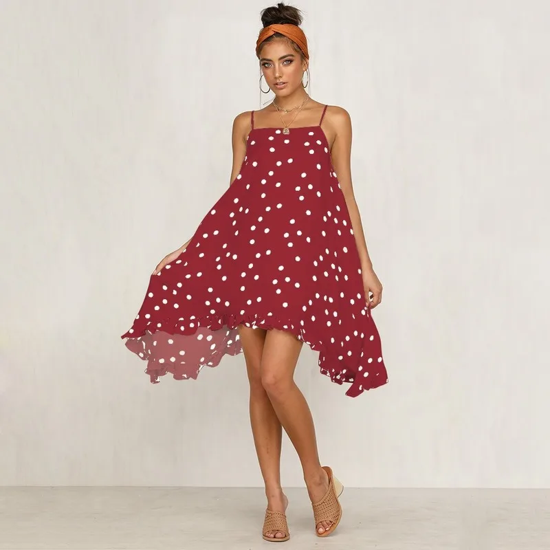 Boho Летний Сарафан женское свободное платье в горошек на тонких бретельках