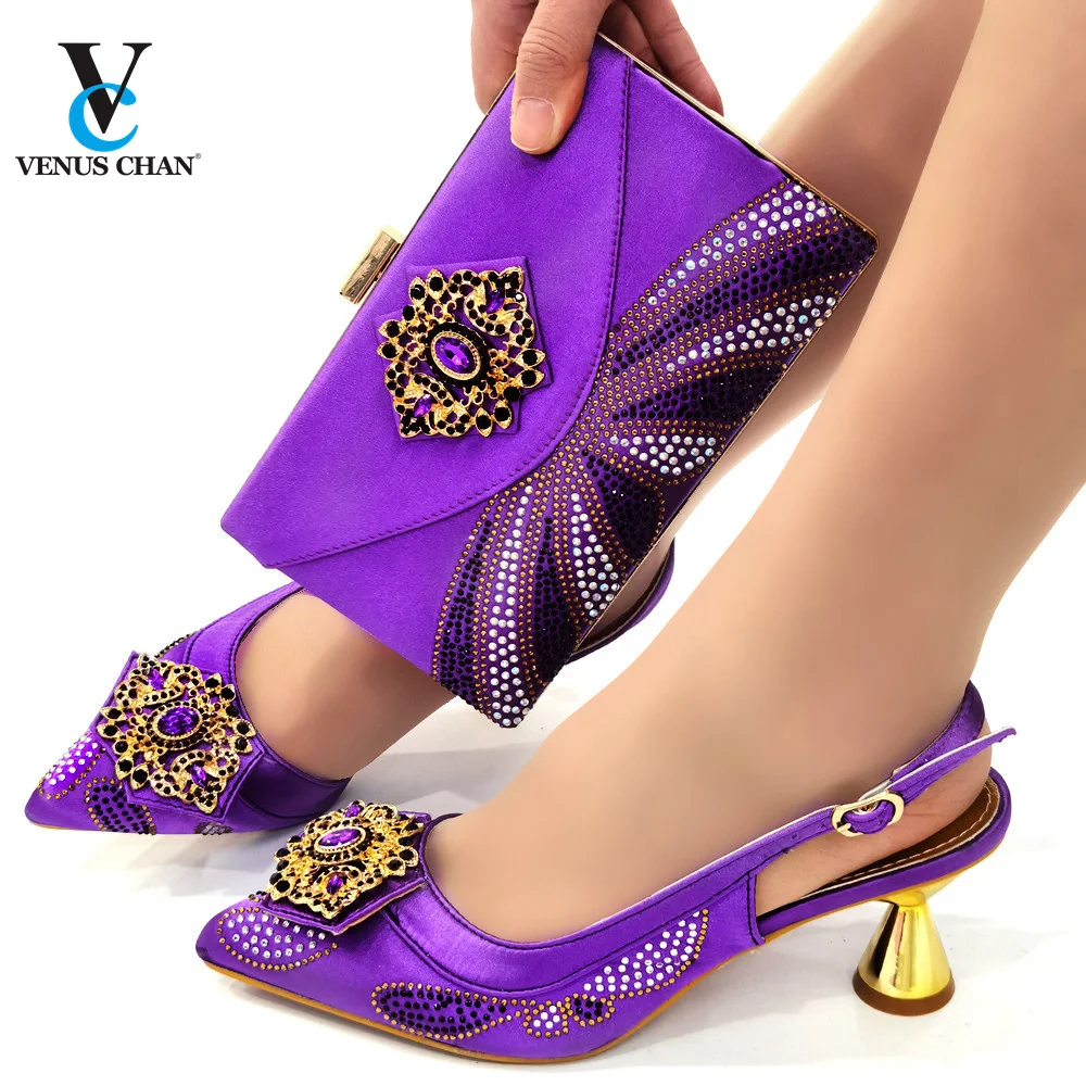

Pretty African Women Party Shoes Matching Bag Set Decorate with Rhinestone in Purple Color Nigerian Wedding Shoes and Bag Set