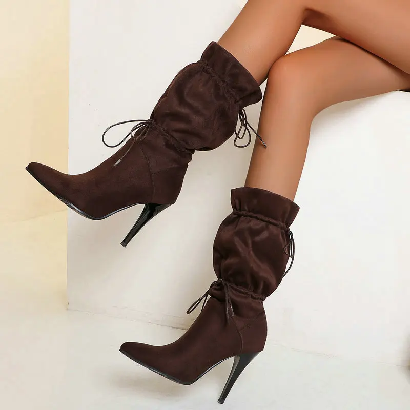 

Женские модные сапоги до середины икры с эластичным поясом, привлекательные сапоги до колена на тонком высоком каблуке, женские сапоги без ...