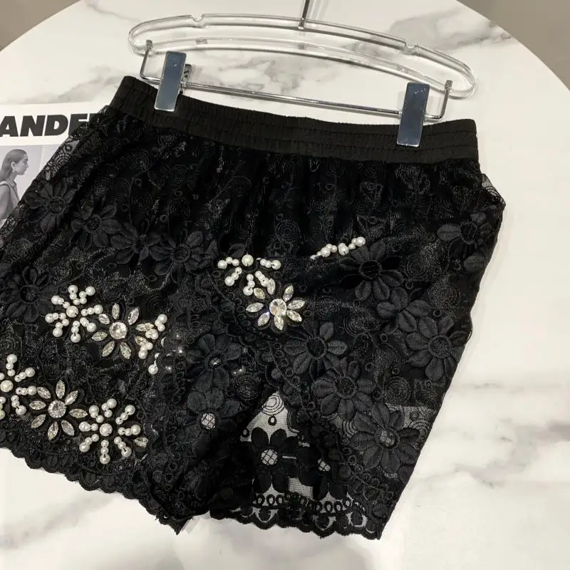 

2021 Summer New Sexy Handmade Beaded Pants Rhinestone High Waist Organza Crochet Mesh Lace Elastic Waist Shorts for Women