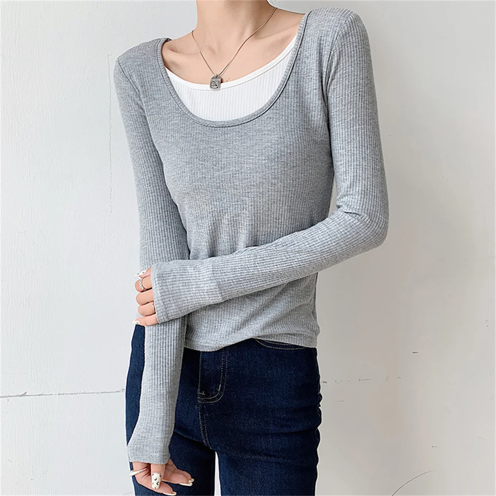 

Женская футболка лоскутного покроя, облегающая универсальная уличная одежда 2021, облегающие хлопковые Осенние Топы для офиса