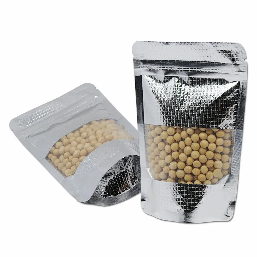 

100Pcs Embossed Silver Plastic Aluminum Foil Stand Up Zip Lock with Window Storage Package Mylar Heat Seal Coffee Nuts Pack Bag